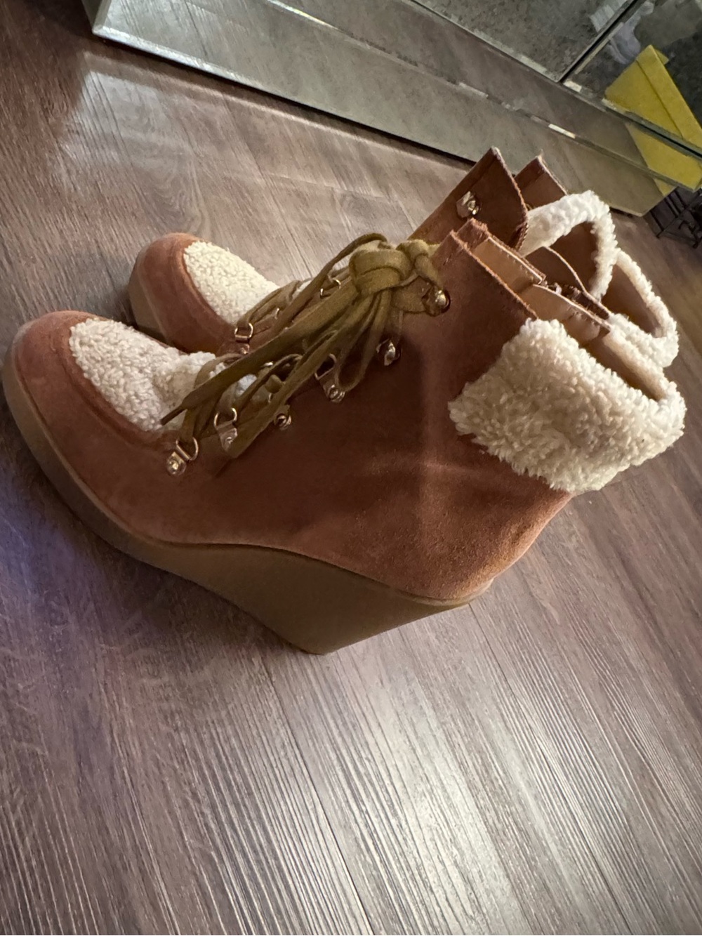 Jessica Simpson Women’s Suede Wedge Ankle Boots with Sherpa Trim - Chestnut